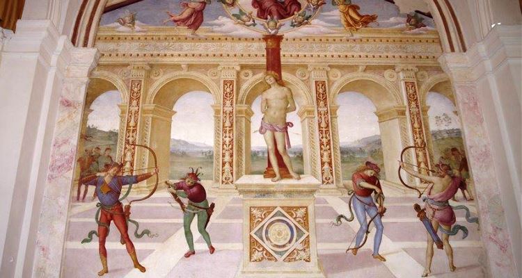 Umbria: dettaglio del Martirio di San Sebastiano, di Pietro Perugino, a Panicale