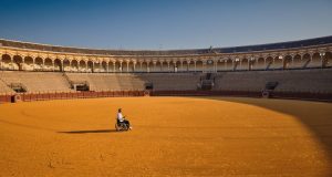 Wheelchair on the road: ragazzo sulla sedia a rotelle in mezzo a un'arena