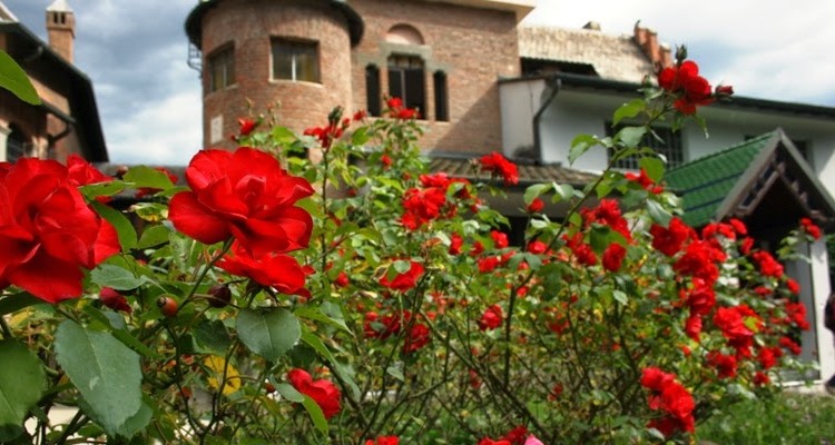 Villa Torlonia: Casina delle Civette nascosta da fiori rossi