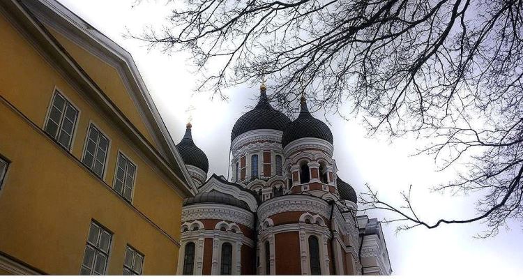 Tallinn: cattedrale di Alexander Nevsky dietro ai rami secchi di un albero