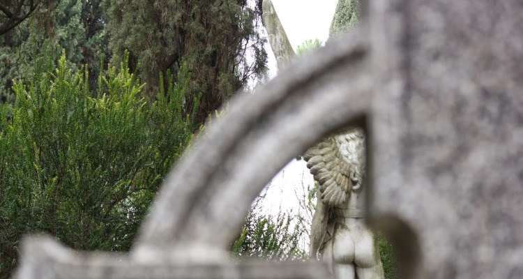 Dettagli di scultura e lapide nel cimitero acattolico di Roma