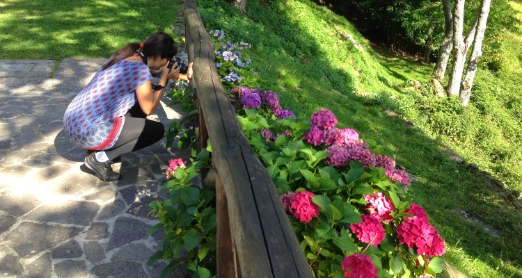Ragazza che fotografa ortensie a Orsigna